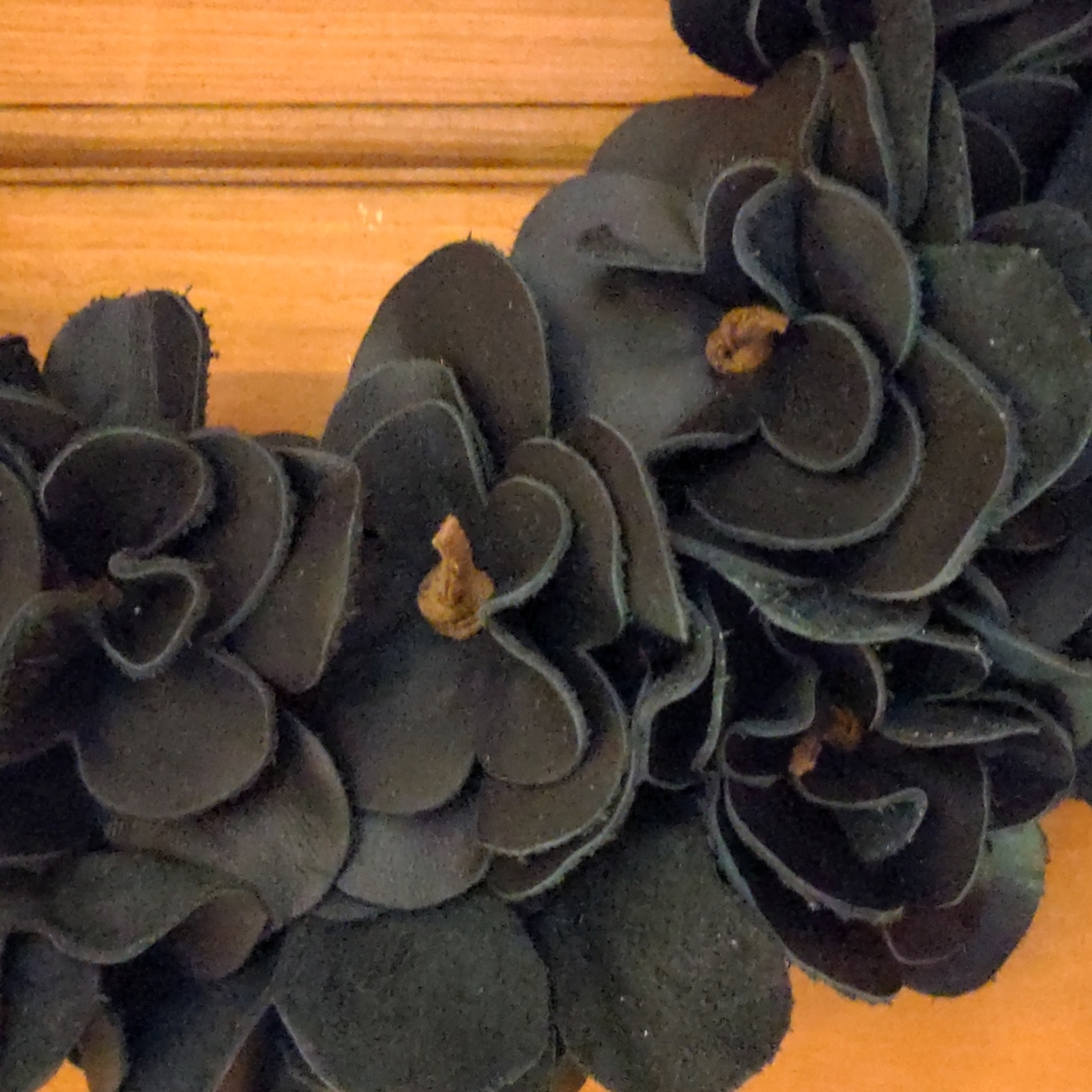 Handmade Leather Flower Rosette Wreath-Black 14" - Picture 3 of 6